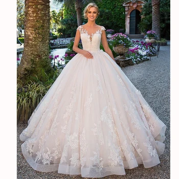 

Custom Made Tulle Ball Gowns Cap Sleeves Wedding Dresses Lace Appliques Floor length Dress Bridal Gown Party Prom robe de mariee