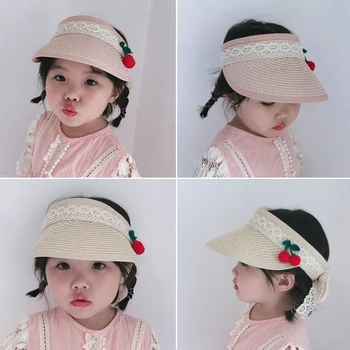 

New Baby Girl Sun Hats Handmade Straw Visor Caps Cute Cherry Child Hat Empty Top Beach Hat