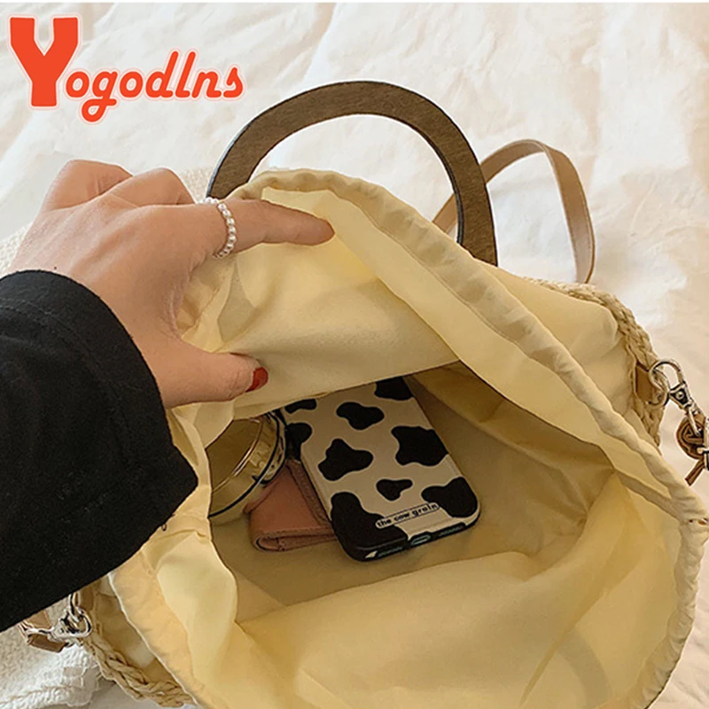 Summer Straw Bucket Bag Female Large Capacity Beach Bags Rattan Handmade Crossbody Bag Vacation Tote Woven Handle Bag