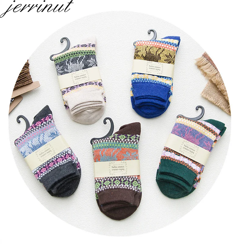 Jerrinut, мужские и женские теплые носки для зимы, толстые, с принтом, хлопковые, шерстяные носки, повседневные, модные, Harajuku, теплые, рождественские носки, 5 пар