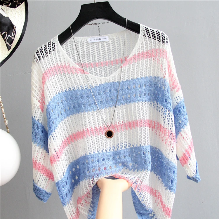 

Plus Size Sweater Jumper Women Lazy Wind Thin Sunscreen Knitwear Femaler Student 2020 Summer Loose Pullover Chic Hollow Sweaters