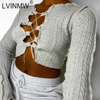 

LVINMW O Neck Ribbed Front Hollow Out Lace Up Long Sleeve Top Women Solid Vintage Fashion Casual Crop Top For Autumn Streetwear