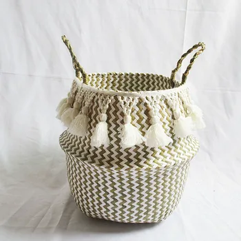 

White Grid long Tassel Seagrass Foldable Storage Baskets Nordic Laundry Straw Wicker Basket Handmade Flowerpot Basket Home Decor