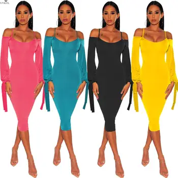 

Fashion Bodycon Dress Women Off Shoulder Dress Femme Sexy Dress Long Sleeve Strap Clubwear Night Party Dress Bandage Midi Dress