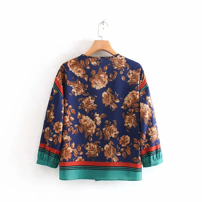 Fashion Za Women Shirt Vintage Floral Printed Casual V-Neck Shirts Blouses Loose Ladies Long Sleeve Blusas Tops