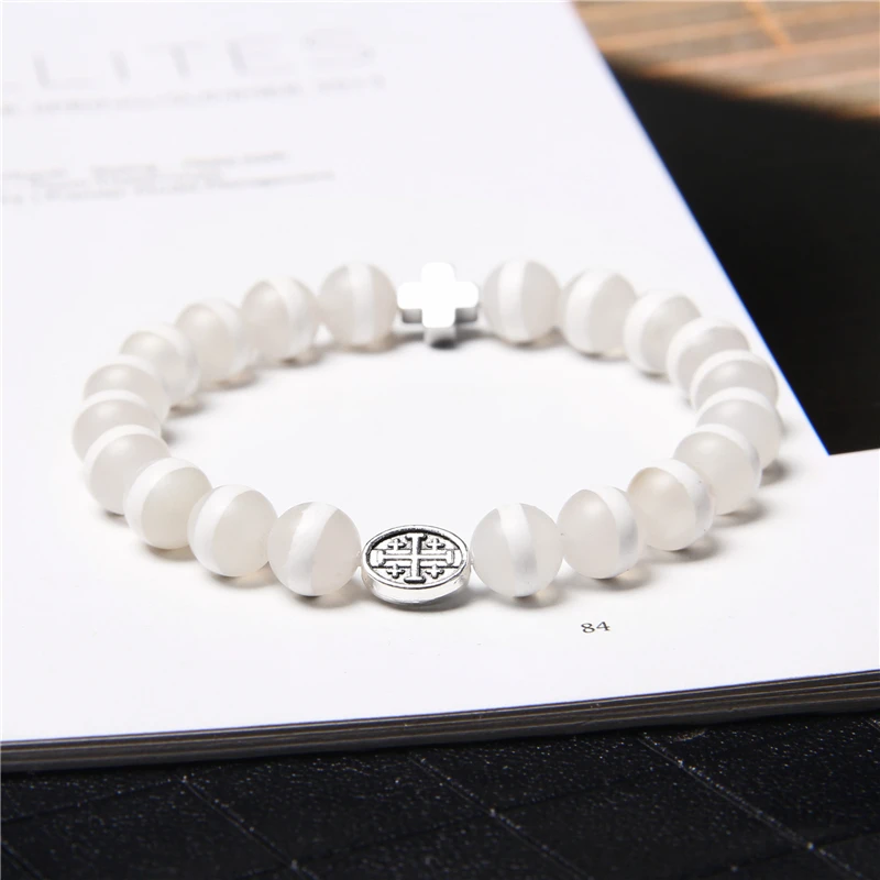 

White Dzi Agat Bracelets For Women Silver Color Cross Charm Bracelet Men Buddhism Lotus Bangle Handmade Elastic Jewelry Couples