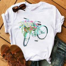 Maycaur Cute Bicycle with Sunflower T-shirts Women Fashion Kawaii 90s Graphic T-Shirt Summer Casual Short Sleeves Tops Tee Femme