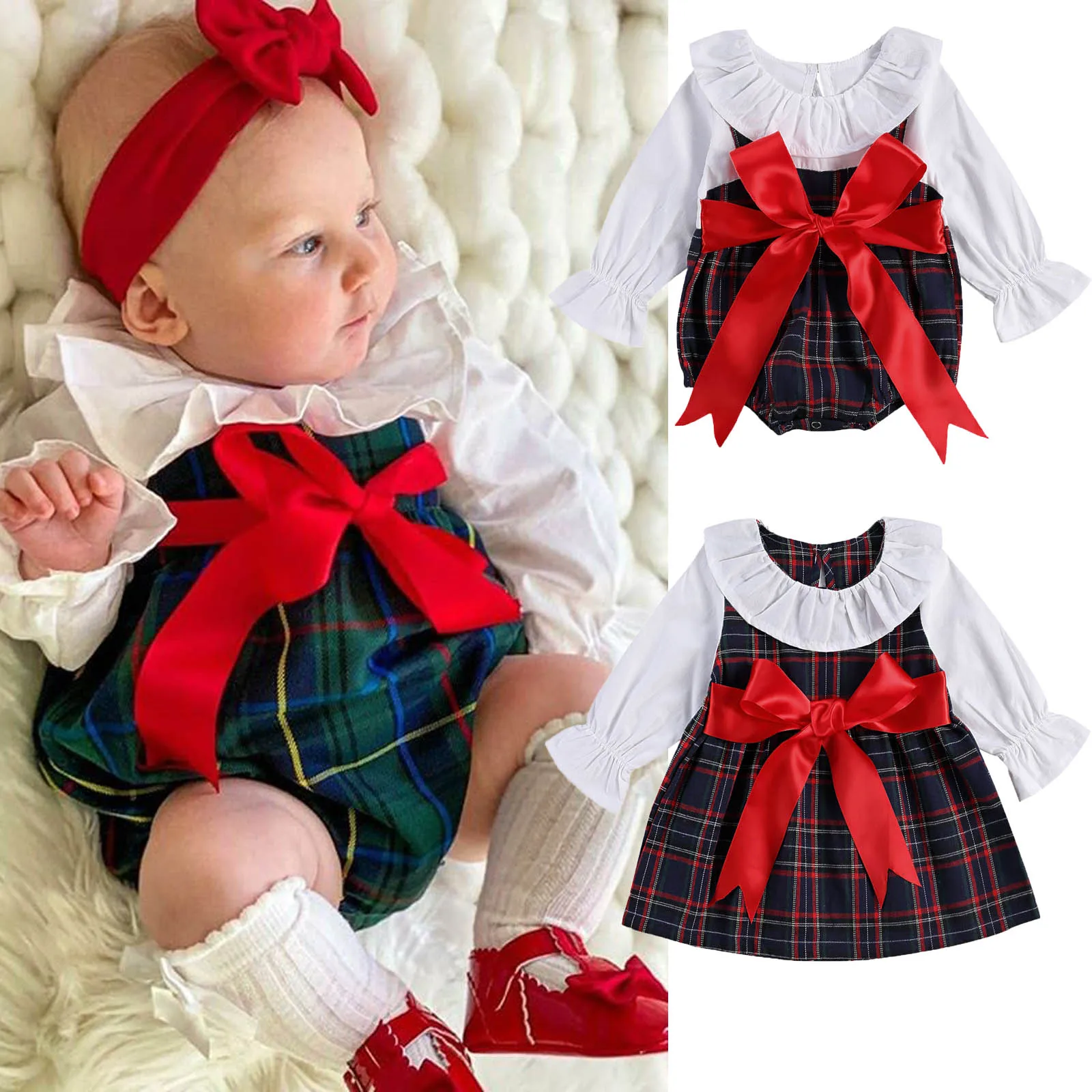 Christmas Sister Matching Kid Baby Girls Plaids Romper Dress Outfit Clothes Set 