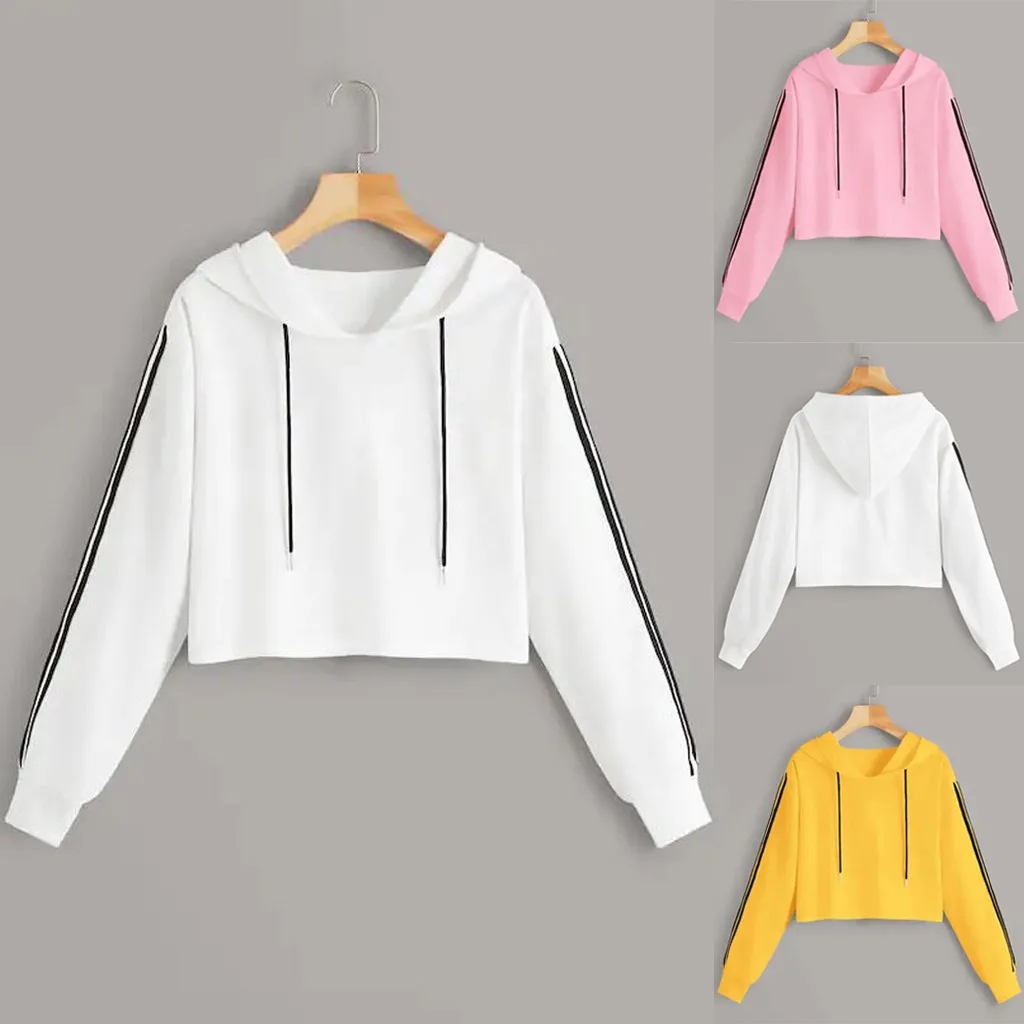 Jaycosin Fashion Leisure Long Sleeves Drawstring Stripe Hooded Pullovers Tops Loose Casual Women