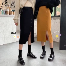 Для женщин Разделение прямые Элегантное миди юбка-карандаш осень-зима Повседневное вязаный Высокая талия Юбки Женская куртка женские юбки