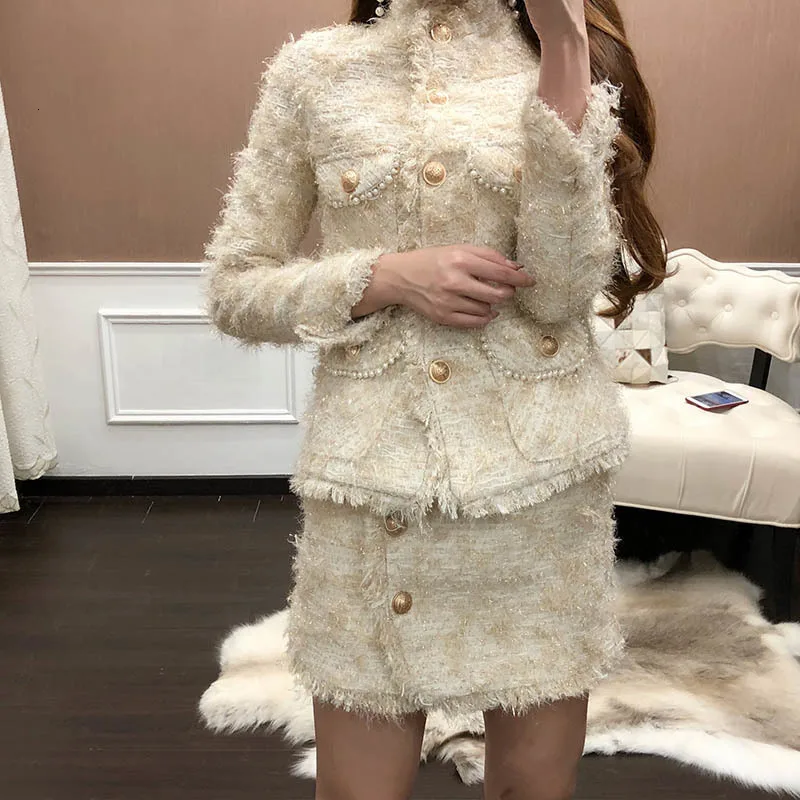 

Tweed Short Skirt Women Two Piece Set 2020 Autumn Office Lady Outfits Female Jacket Skirt Set With Tassel High Quality Fashion
