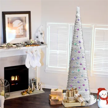 

5FT Pop Pull Up Artificial Black White Tinsel Christmas Tree Collapsible Pencil Fireplace Halloween New Year Party Decorations