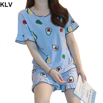 

Women Summer Short Sleeve 2 Piece Pajamas Set Cartoon Puppy Orange Avocado Print Sleepwear Ruffles Loose Loungewear L/XL