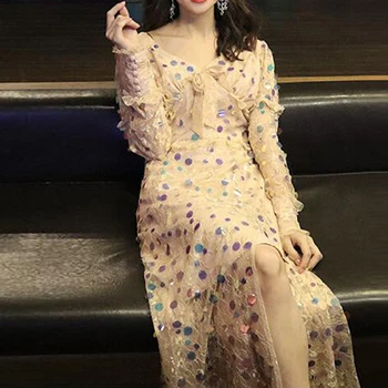 

HIGH QUALITY Newest 2020 Designer Runway Dress Women's V-Neck Sequined Lace Gauze Dress