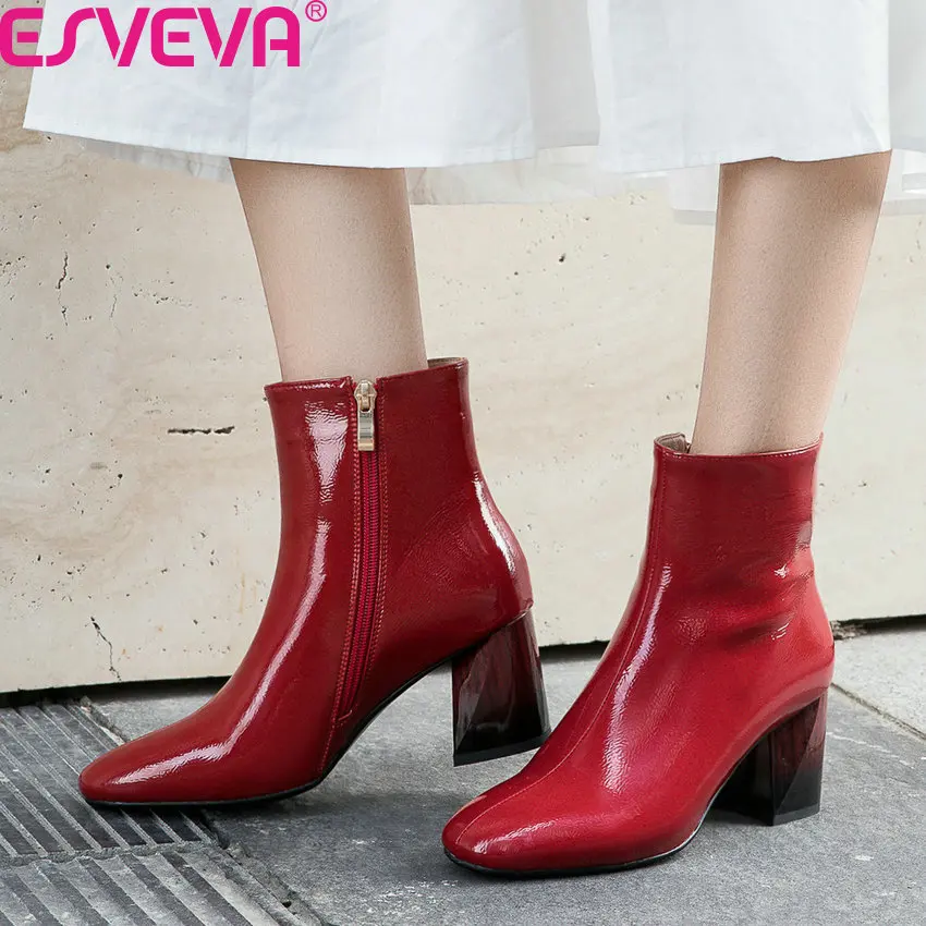 

ESVEVA 2020 PU Patent Leather Zipper Concise Women Shoes Retro Square Toe Autumn Winter Square Heel Ankle Boots Big Size 34-43