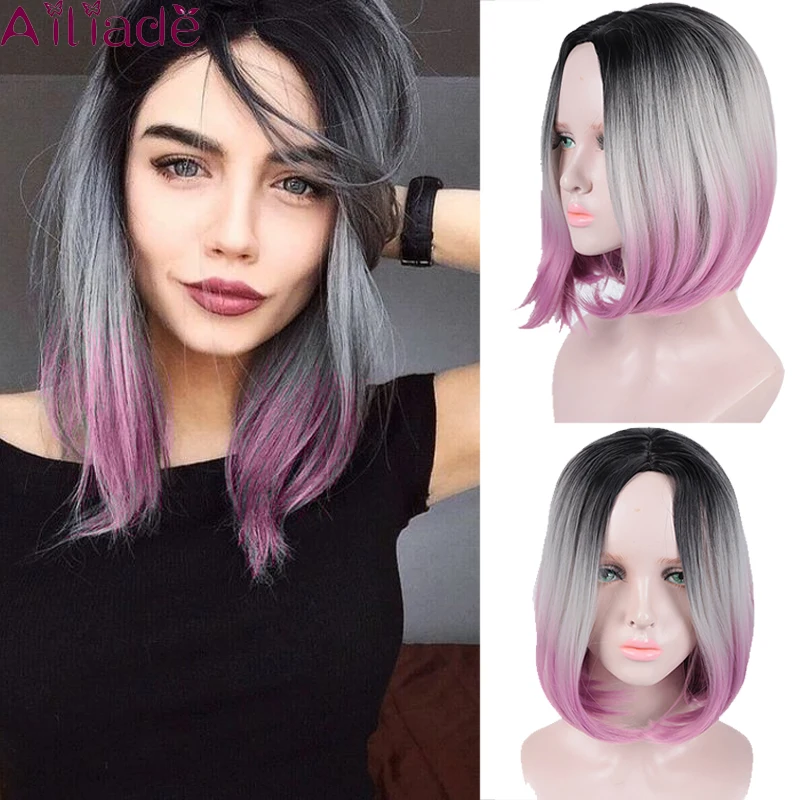 

AILIADE Short Straight Black Wigs For Women Synthetic Hair Wigs Female Heat Resistant Fiber Ombre Color Grey Pink Wig Cosplay