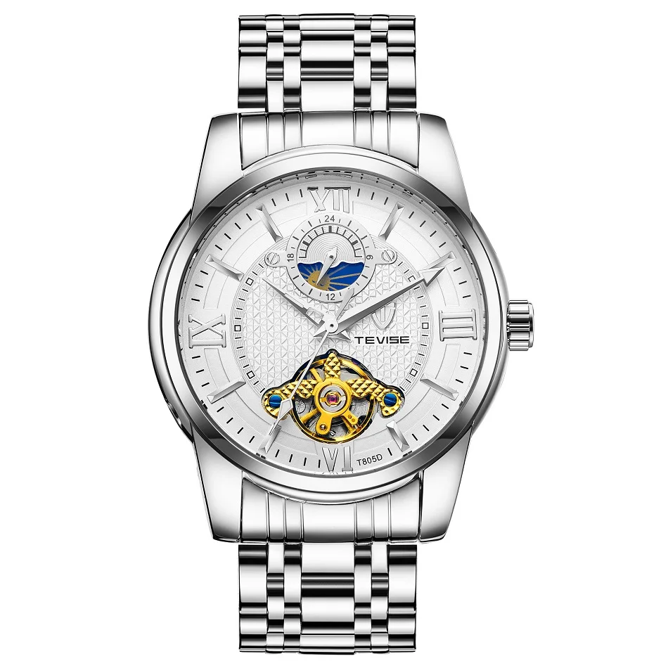 Роскошные Брендовые мужские часы автоматические механические часы TEVISE мужские деловые водонепроницаемые часы с скелетом Toubillon - Цвет: silver white