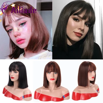 

AILIADE Synthetic Straight Short Bob With Bangs Wigs For Women Medium Length Natural Black Heat Resistant False Hair