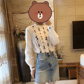 

Woman Shirt Openwork Flower Embroidery Cotton Shirt