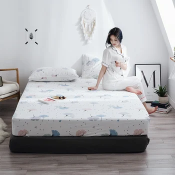 

Ginkgo Biloba Printed White Bed Sheet Elastic Rubber Band 1pc Nordic Style Fitted Sheet 25cm Height Mattress Cover Bedclothes