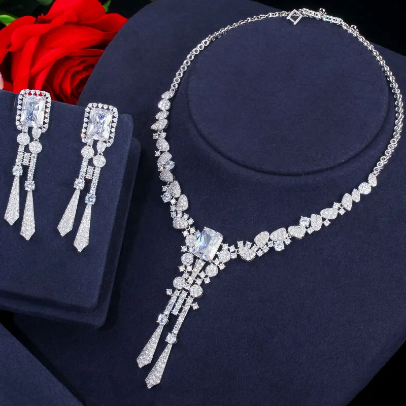 White CWWZircons Роскошный желтый CZ Камень Висячие длинные кисточки свадебные серьги ожерелье большой Дубай свадебное платье Ювелирные наборы T375 - Окраска металла: White