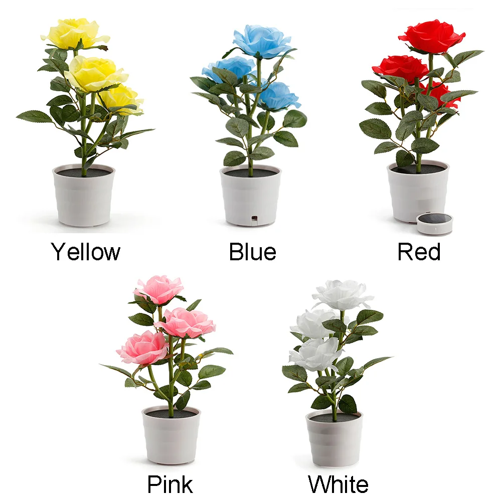 Lawn Bedroom Decorative Balcony Flower Pot Led Table Lamp Garden Solar Powered Artificial Plant Home Bedside Rose