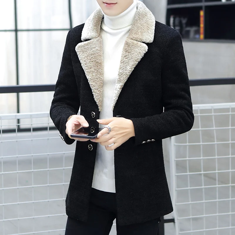 Mens Wool Blends Overcoat Fur Lining Thick Warm Trench Coat Lapel Winter Wear Single Breasted T160