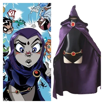 

Anime Teen Titans Raven Cosplay Costumes Child Adult Jumpsuits+Cloak+Gemstone Belt Chain Party Halloween Fancy Ball Suit
