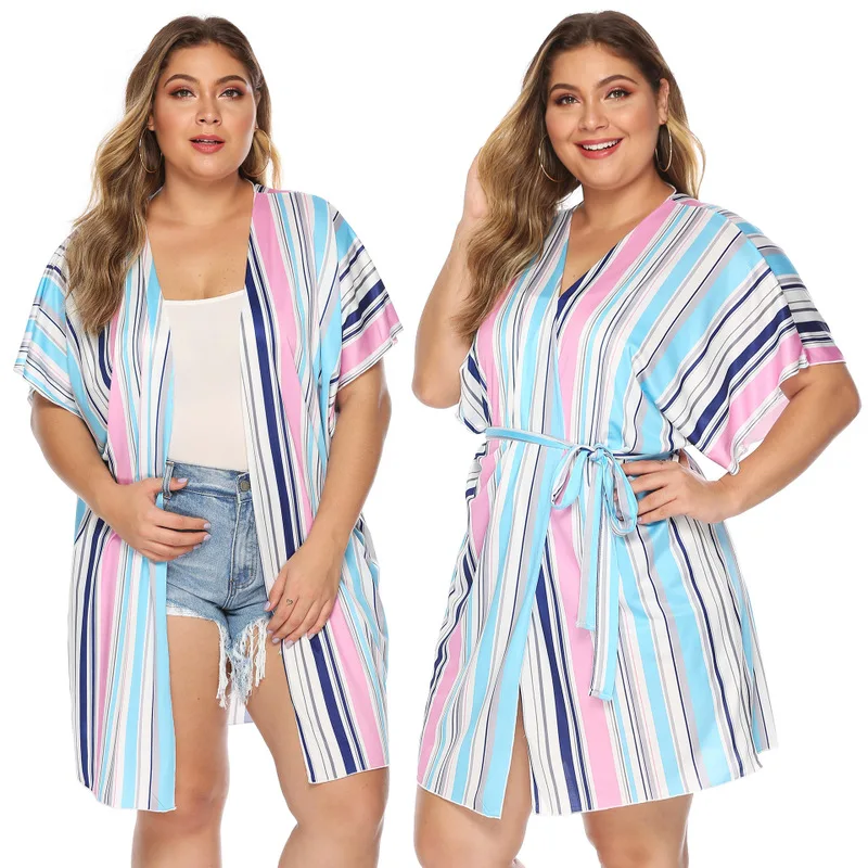 

Swimwear Women Cover Up Swimsuit Beach Woman Clothes Dresses For Bikini Top Plus Size Stripe Cardigan Loose Striped Spandex