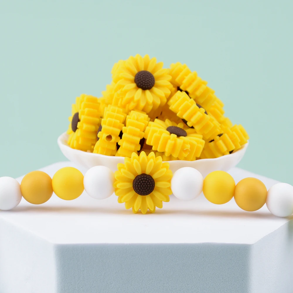 LOFCA 10 Stück Gänseblümchen und Sonnenblumen Silikonperlen Lebensmittelqualität Beißring BPA-frei DIY Baby Zahnen Spielzeug Schnullerkette Zubehör – Detail 12