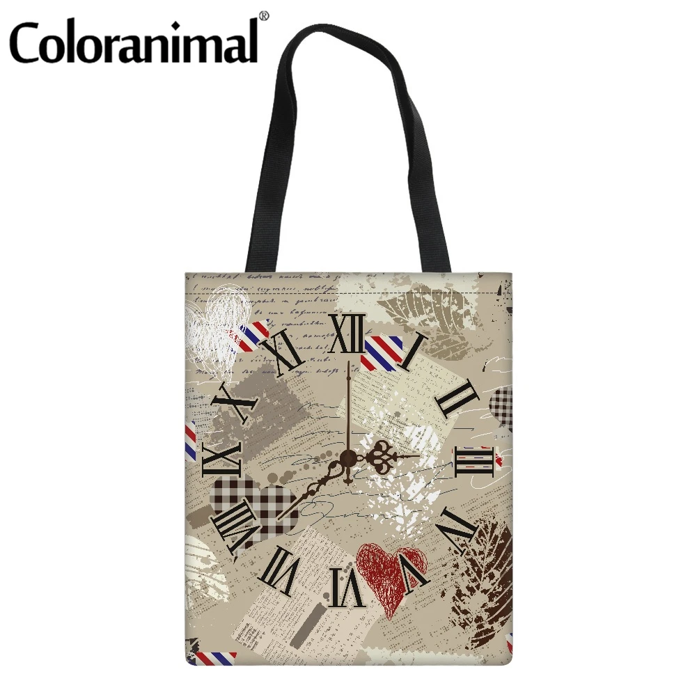 Coloranimal Fashion Clock Pattern Women Linen Tote Bag Canvas Shopper for Ladies Storage Foldable Grocery Bolsa 2021 | Багаж и сумки