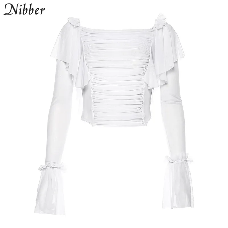 NIBBER французские романтические элегантные сетчатые Гофрированные Топы женские черные белые футболки с открытыми плечами вечерние сексуальные облегающие футболки - Цвет: Белый