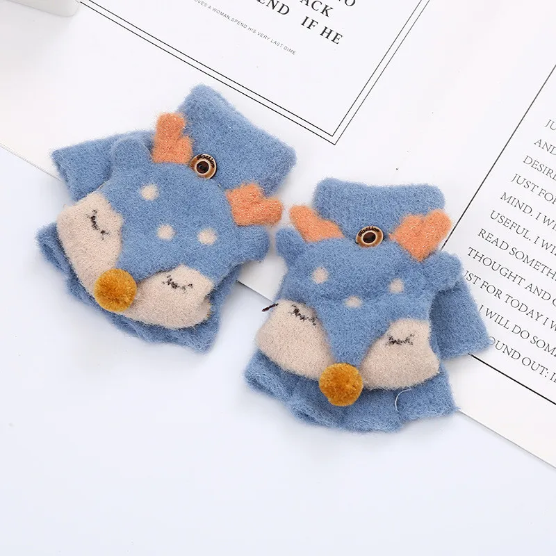 light blue Новые зимние детские теплые жаккардовые золотые шелковые перчатки с рисунком оленя, теплые вязаные шерстяные перчатки, рождественский подарок для детей - Цвет: light blue
