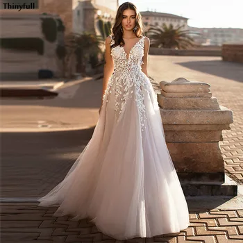 

Thinyfull Beach Wedding Dresses 2021 Princess Lace Appliques Open Back Beach A-Line Bride Dress Illusion Country Bridal Gowns