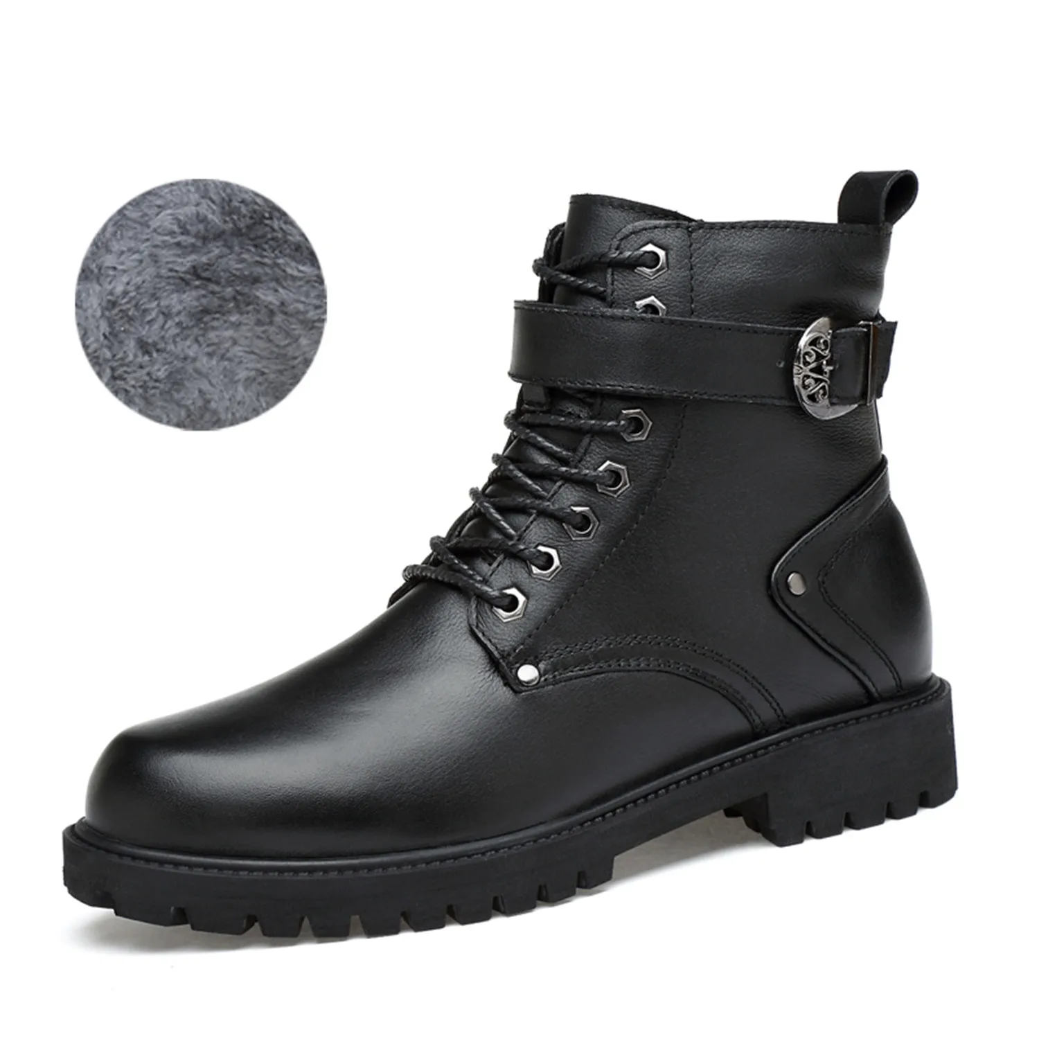 Зимние ботинки в байкерском стиле из натуральной кожи; Плюшевые мужские зимние ботинки martin с мехом