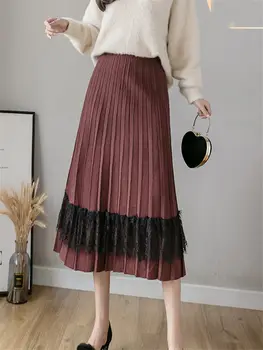 

Pleated Skirt Female Fashion Elegant Autumn and Winter Mid-length 2020 New High Waist Slim A-line Knitted Lace Long Skirt K1151