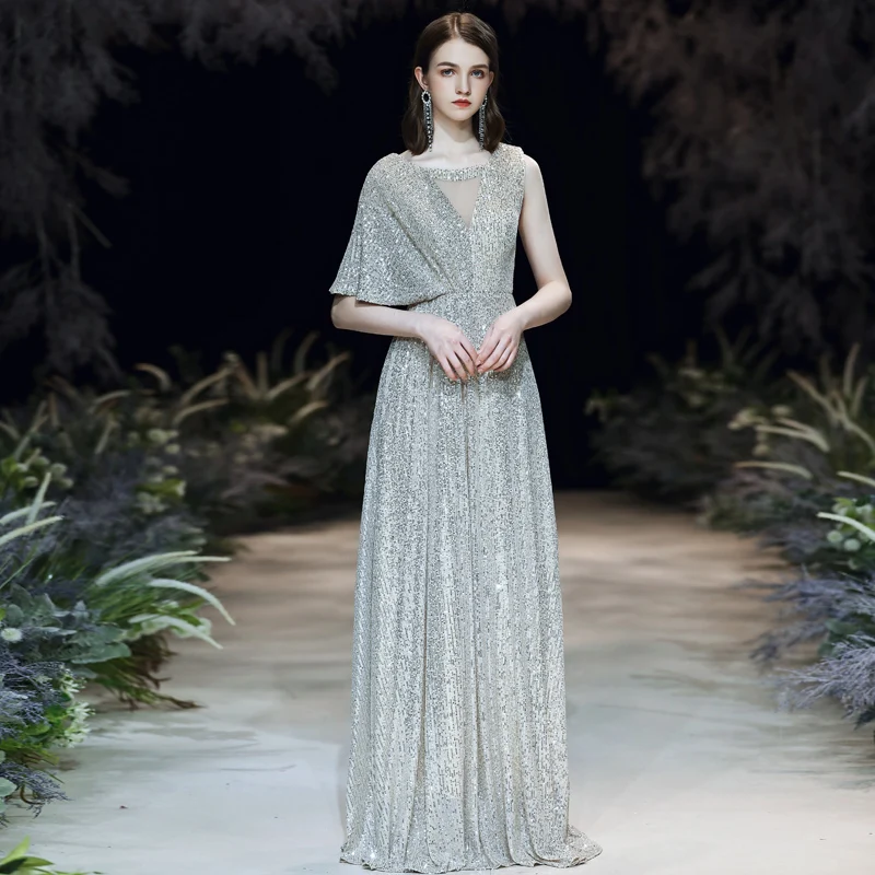 SSYFashion Новое Элегантное серебряное вечернее платье для банкета простое блестящее длинное вечернее платье в пол Vestido De Noche