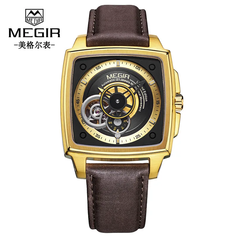 

[Megir-Fully Automatic Hollow Out Square Mechanical MEN'S Watch] Dial And Bottom Cover Are Multilayer Stereo Hollow Out
