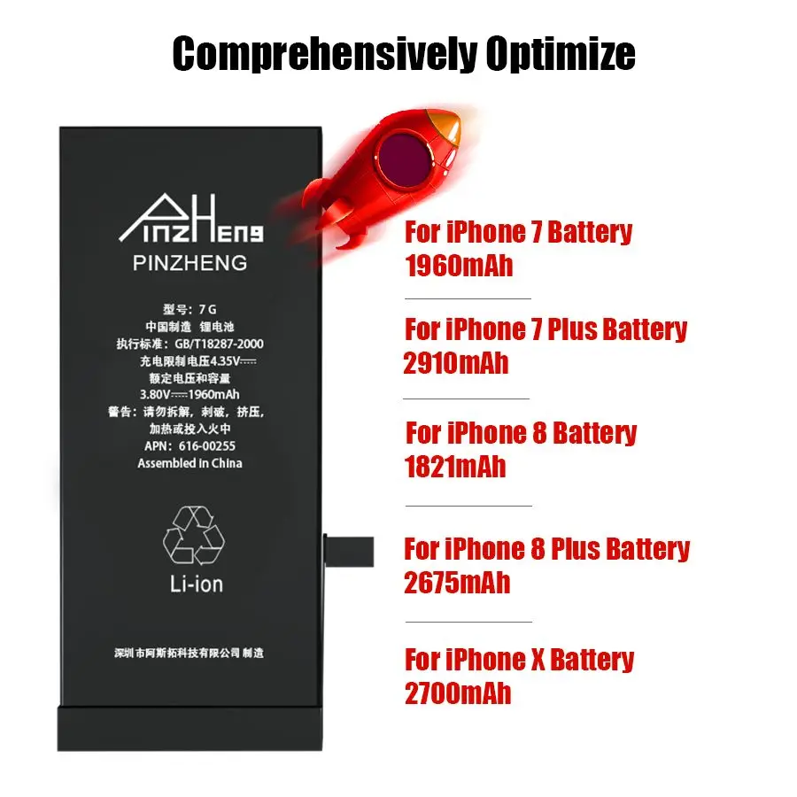 PINZHENG Оригинальный аккумулятор для iPhone 7 8 Plus X батарея реальная емкость Высокое