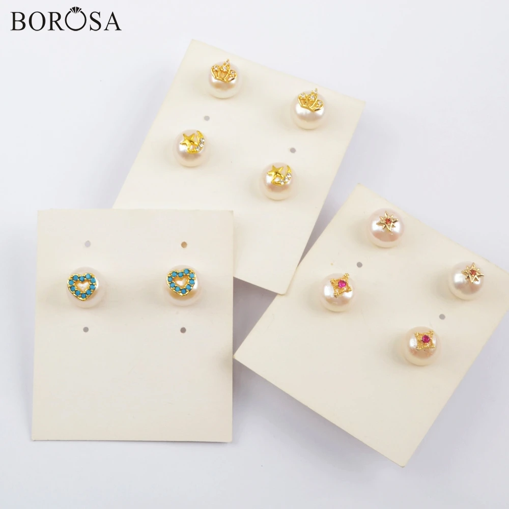 BOROSA серьги из натурального жемчуга, 10 пар Элегантный 11 мм натуральный пресноводный жемчуг с мульти CZ проложенный гвоздик серьги ювелирные изделия G1918