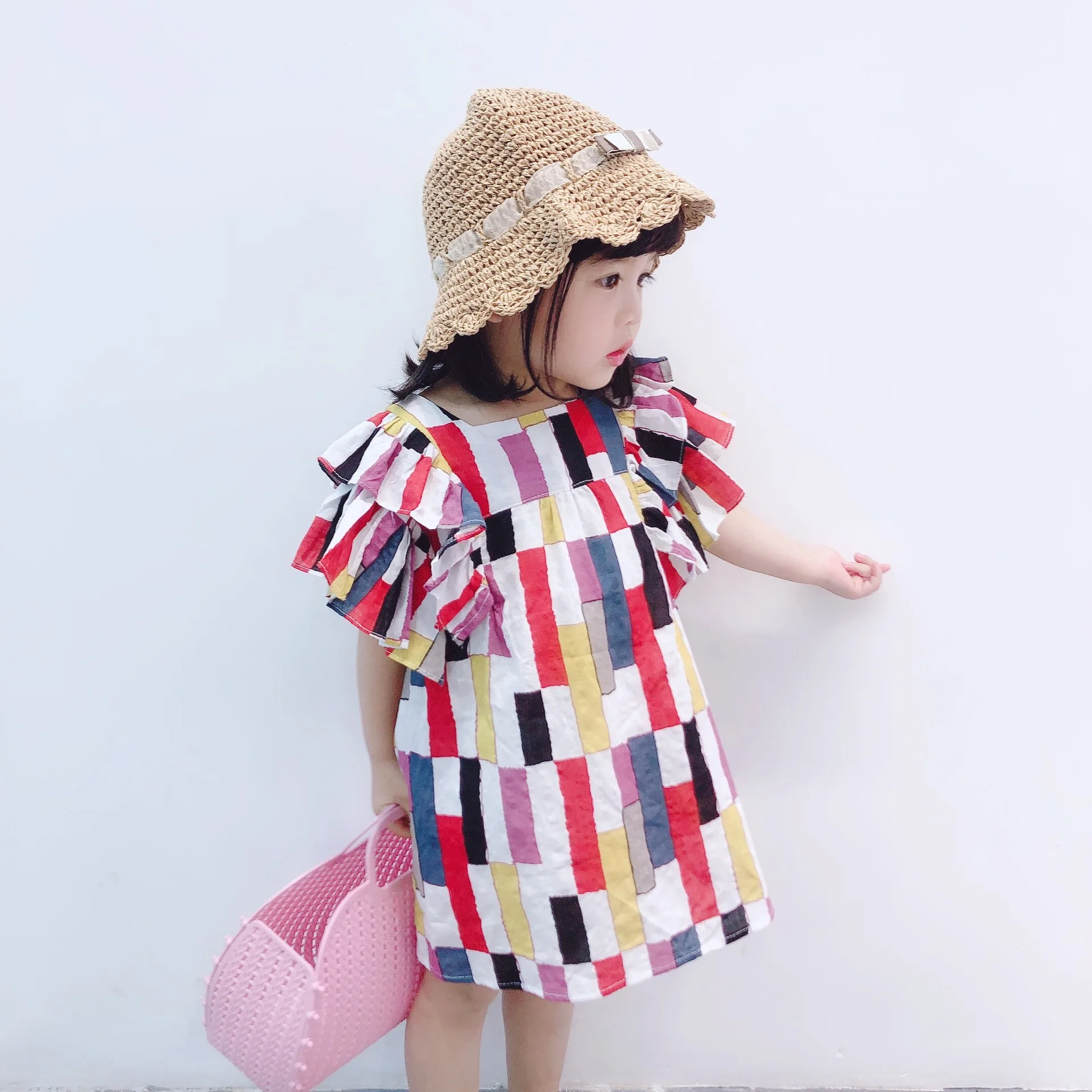 

2020 Summer New Girl's Dress Colourful Block Flying Sleeve Dress Korean American Style Clothes Fashion Baby Girls Clothing