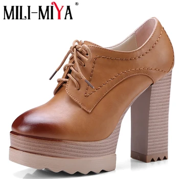 

MILI-MIYA Super High Women Pumps Square Heel Round Toe Lace-Up Casual Platform Handmade For Ladies Hot Sale Free Shipping