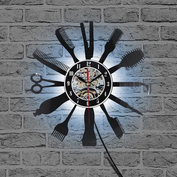 

CD Record Art Wall Clock Hairdresser Barber Tools Design Clock Creative Vinyl Wall Clock Barber Shop Art Decor Clock Cool Design