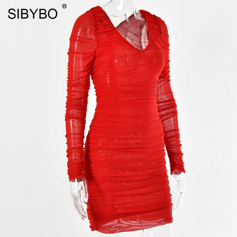 SIBYBO, весеннее Плиссированное сексуальное облегающее платье с двойной сеткой, модное летнее Мини-платье с длинным рукавом и v-образным вырезом, однотонные Клубные вечерние женские платья
