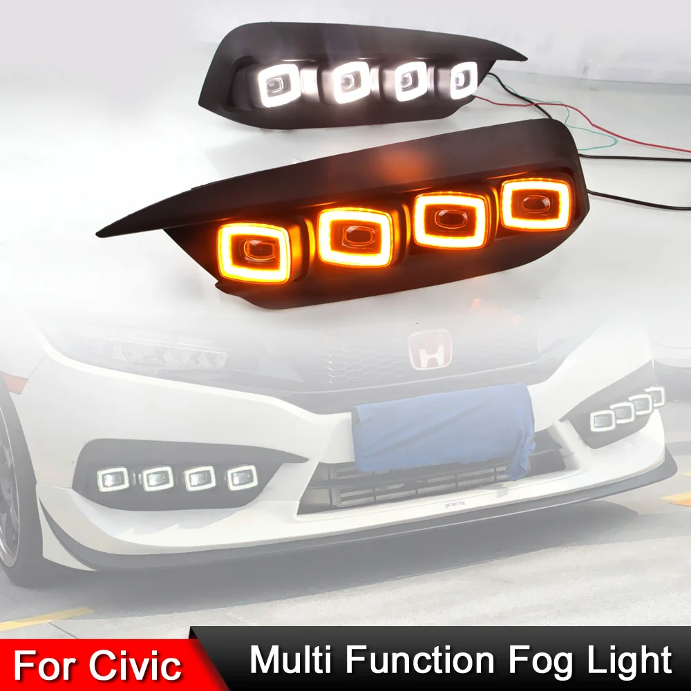 

For Honda Civic 2016-2021 Front Bumper LED DRL Daytime Light Blue Night Light Dynamic Amber Turn Signal Lights Fog Lamp Assembly
