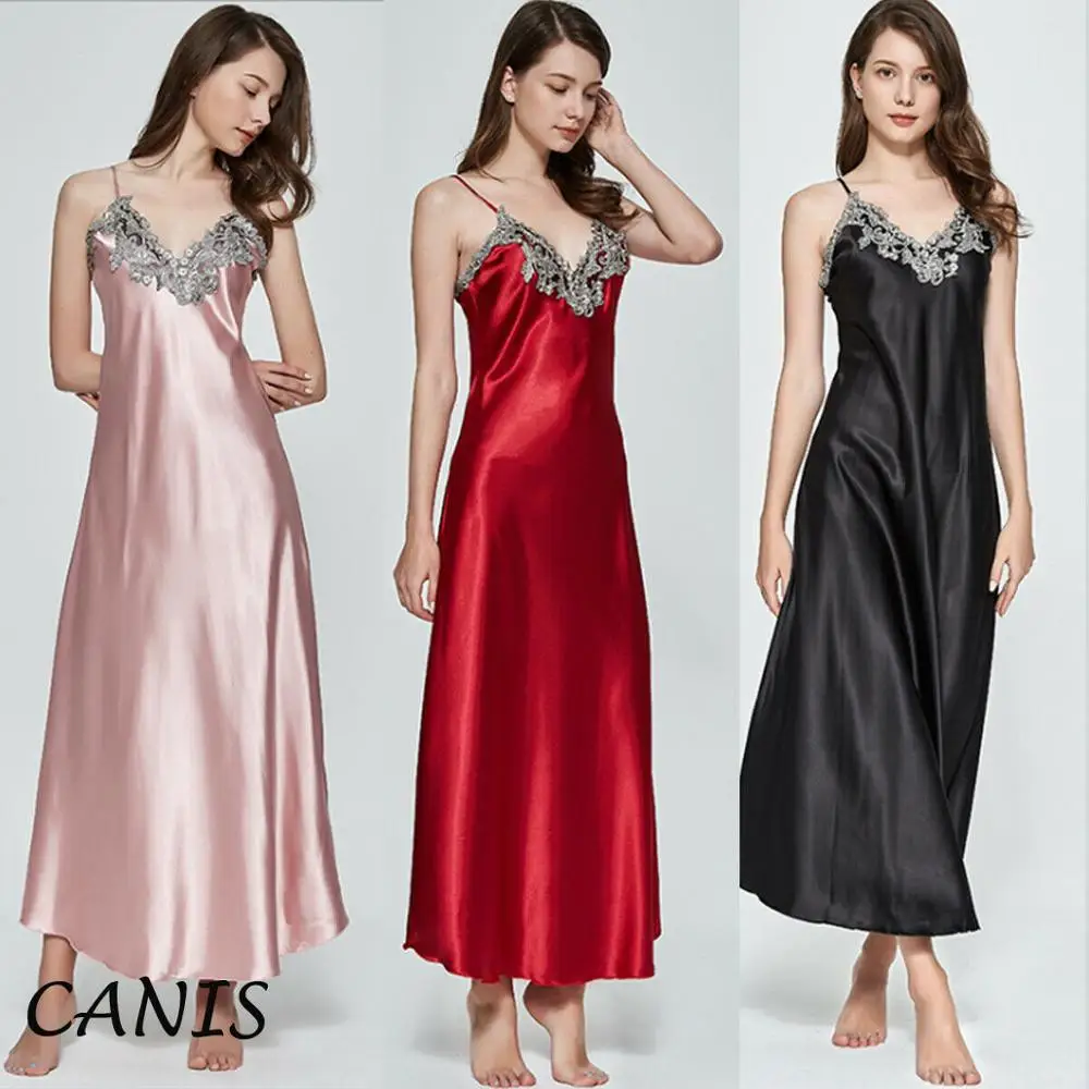 Women Oversize Satin V-Neck Long Nightdress Silk Lace Sexy Lingerie Nightgown Sleepwear Robe Dress Babydoll Underwear women lingerie women lingerie set women nightgowns women nightdresses women pajamas sleeping dress