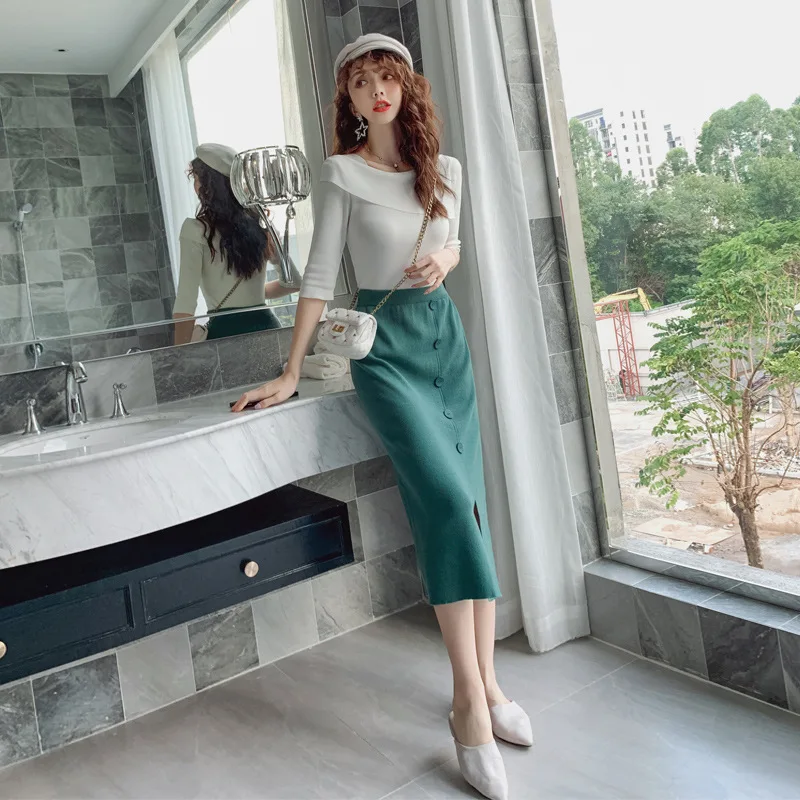 

Solid Modis Autumn Women Two Piece Set Streetwear Casual Elegant White Blouse and Green Wrap Bodycon Skirt Ladies 2 Piece Set