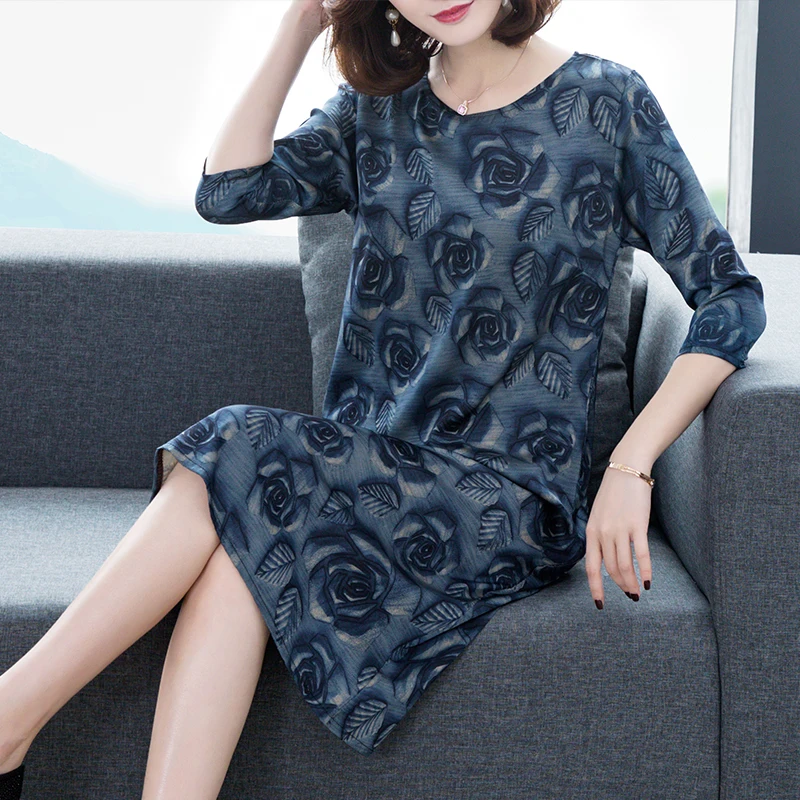 

2020 Spring Women Clothing Natural Print Xiangyunsha Silk Silk Noble Knee-Length Dress L-4XL O-Neck Regular Elegant Dresses