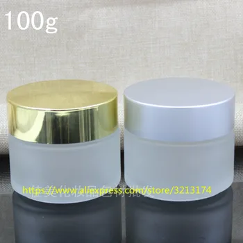 

100g clear frosted glass cream jar shiny gold/matte silver aluminum lid, cosmetic eye mini sample mask cream facial container