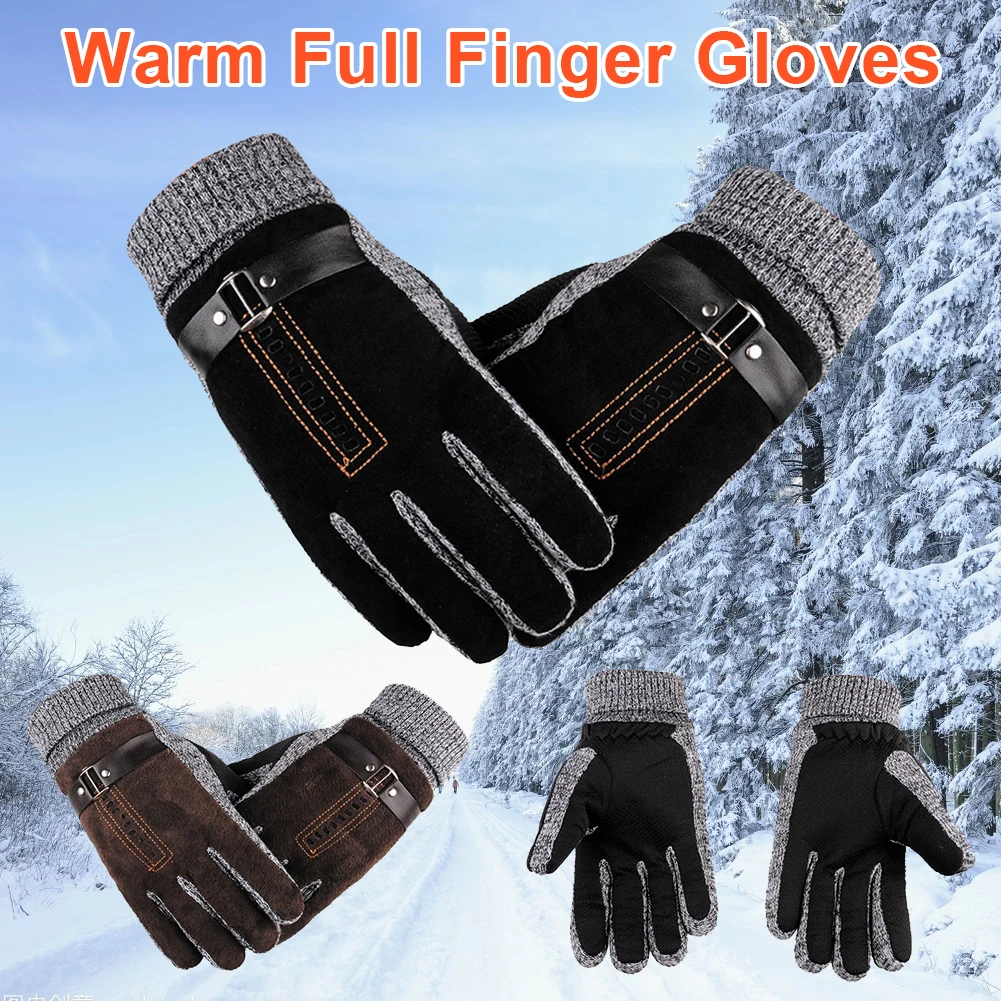 

Men's Winter Warm Full Finger Gloves Thermal Mittens Outdoor Cycling Windproof Gloves Knitted Leather Panel Winter Bike Gloces